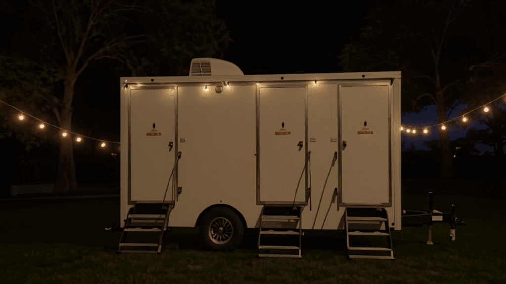 Bathroom trailer at nighttime party